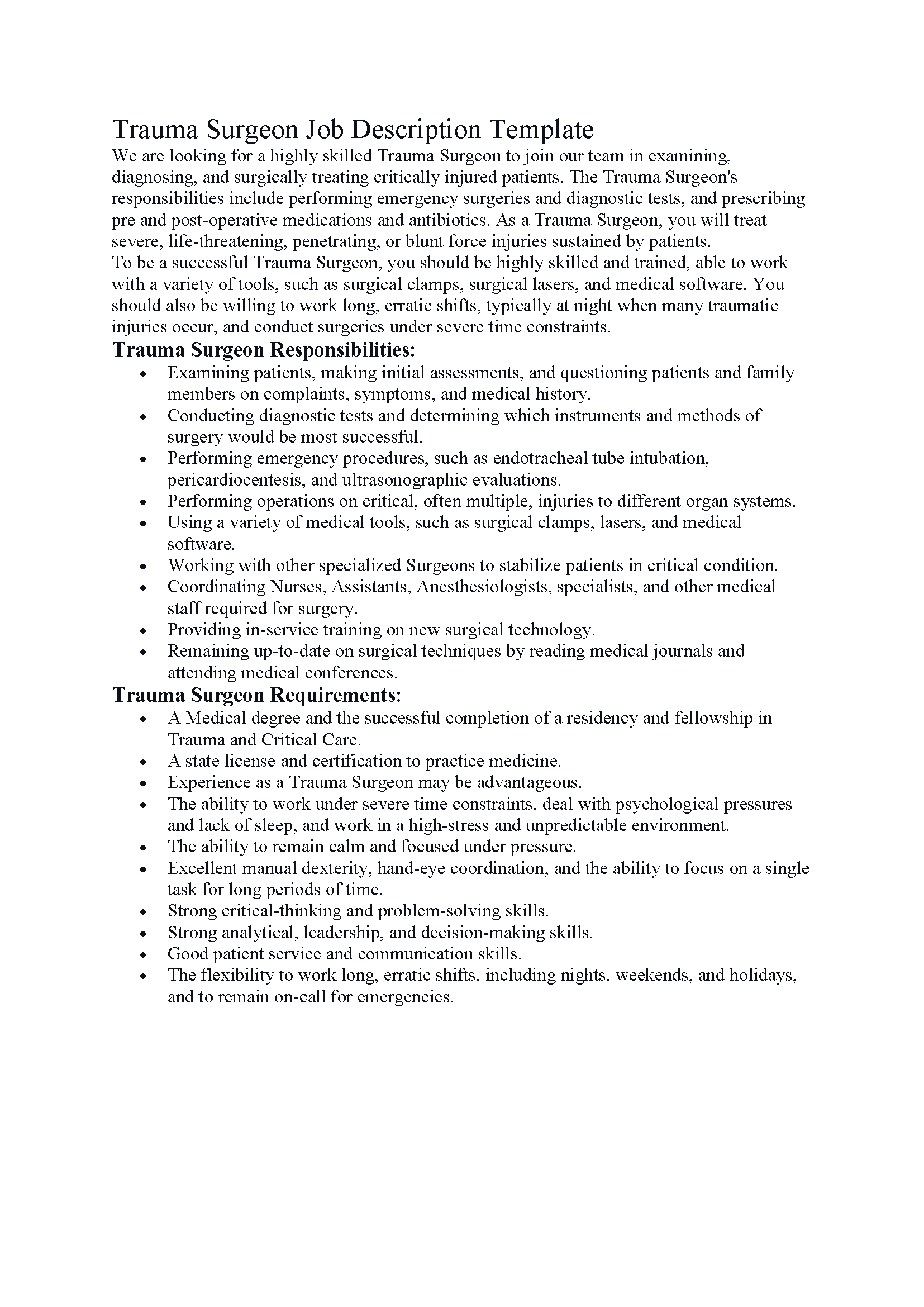 Trauma Surgeon Job Description Template